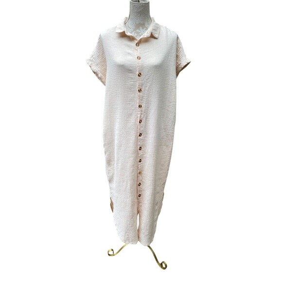 Womens Oversized Shirt Dress M Nude Pink Textured Gauze Button Down Side Slits - Picture 3 of 16